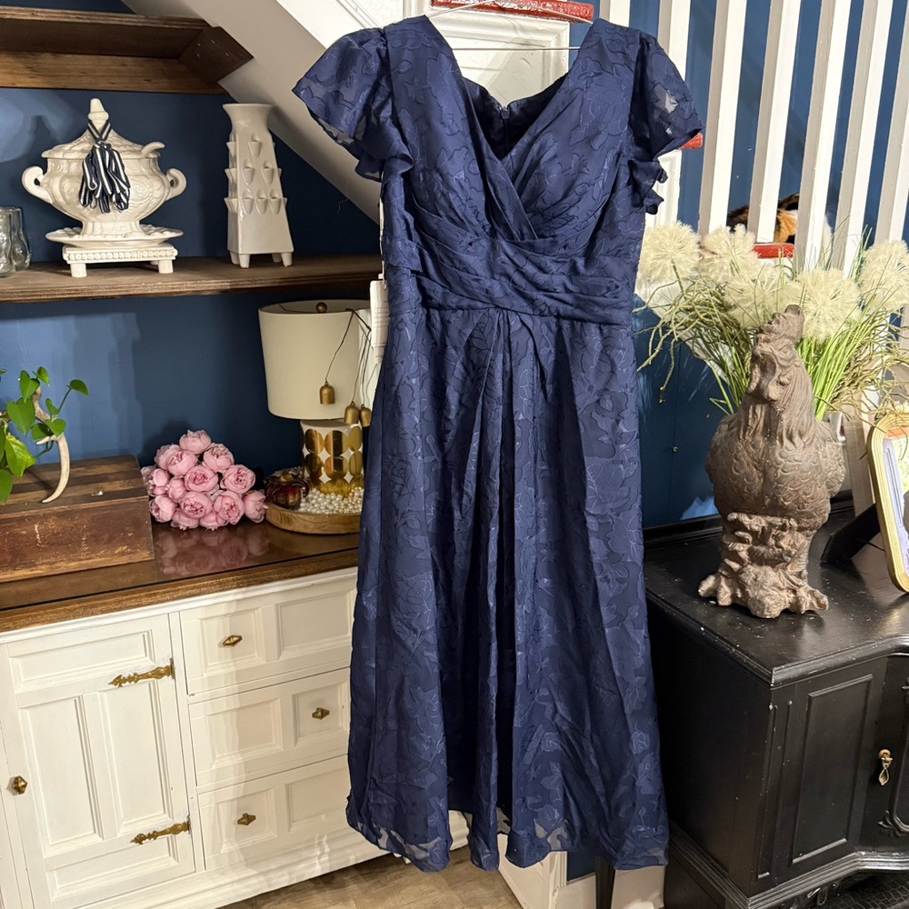 Navy Floral Textured Midi Dress with V-Neck and Flutter Sleeves
